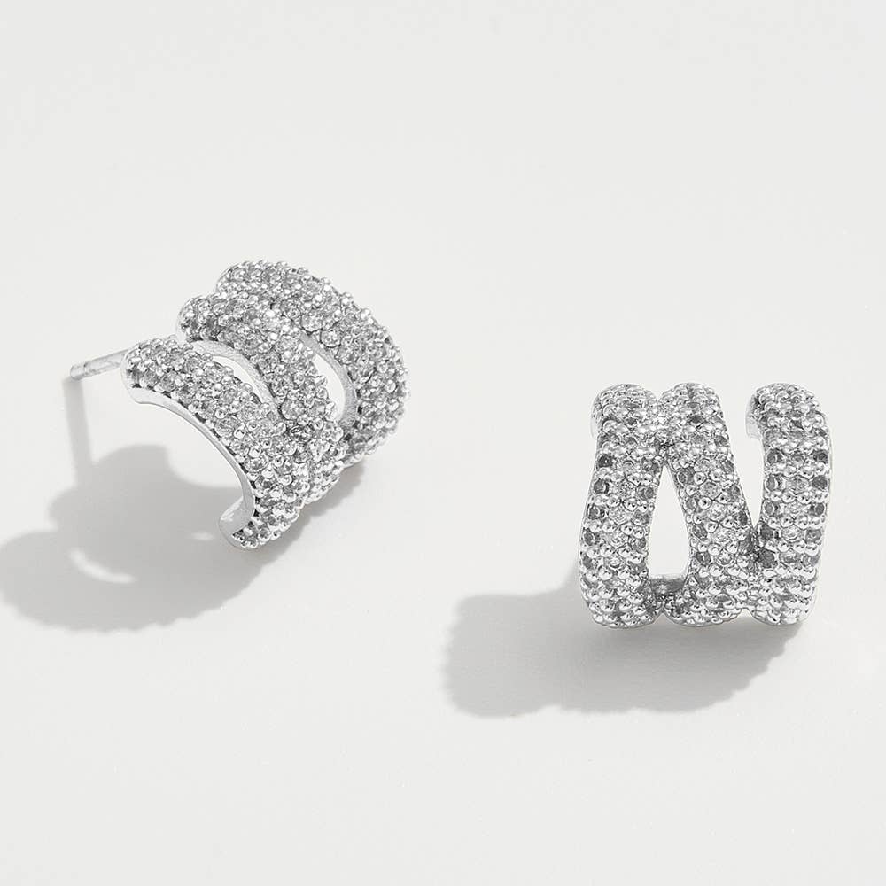 14K Gold Dipped CZ Stone Paved Triple Row Half Hoop Small Earrings: Gold