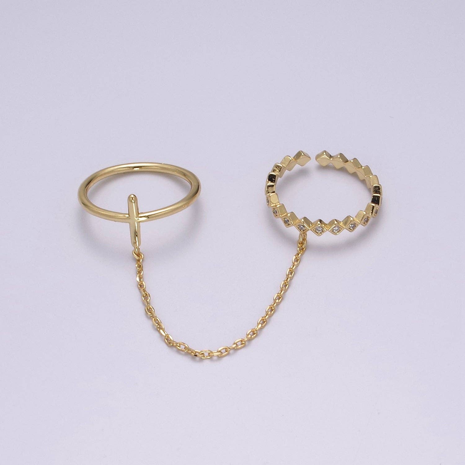 Double Gold Adjustable Ring with chain & CZ  U191