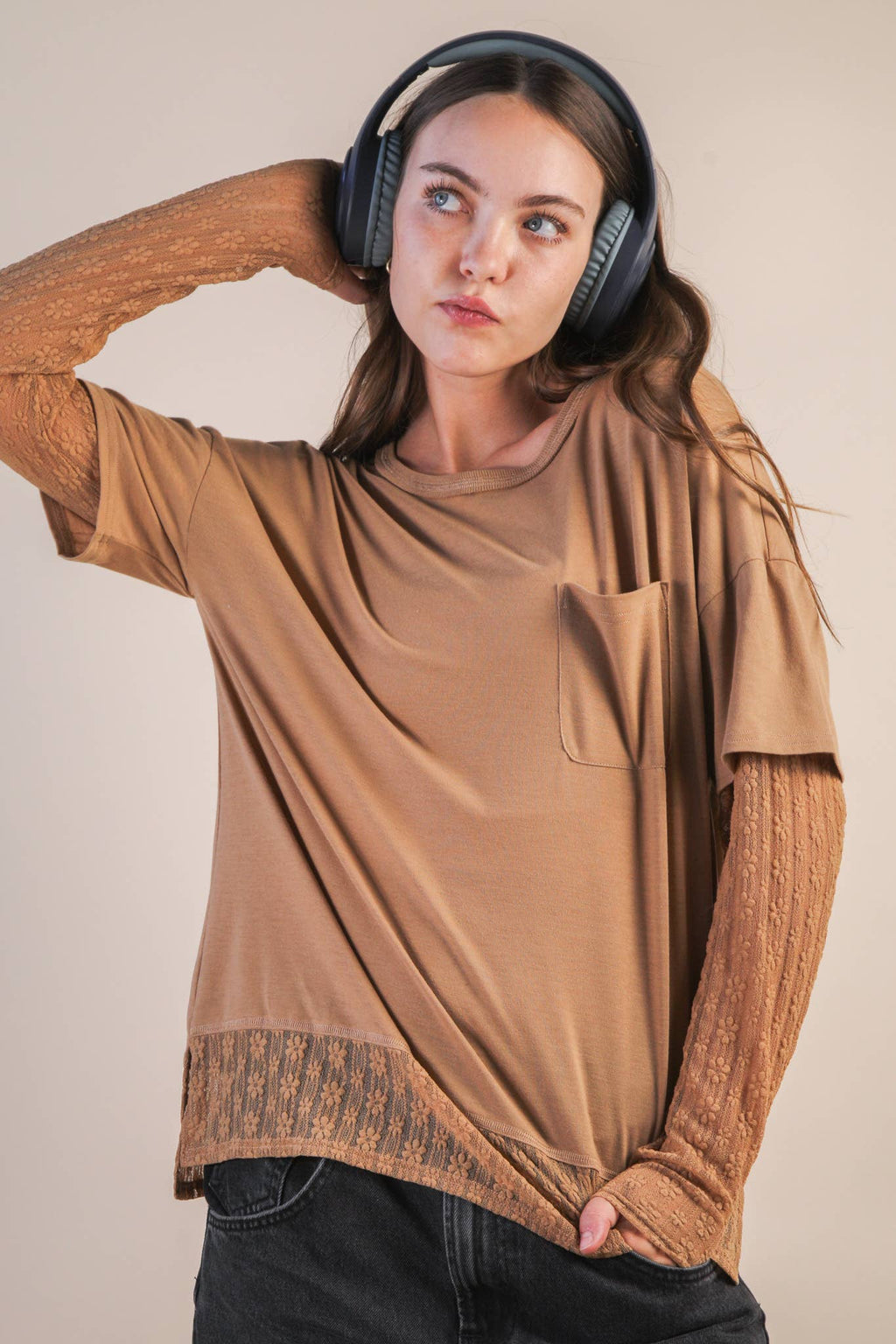 NT12351-Oversized Casual Knit Top W/ Lace: MOCHA / S-M-L/2-2-2