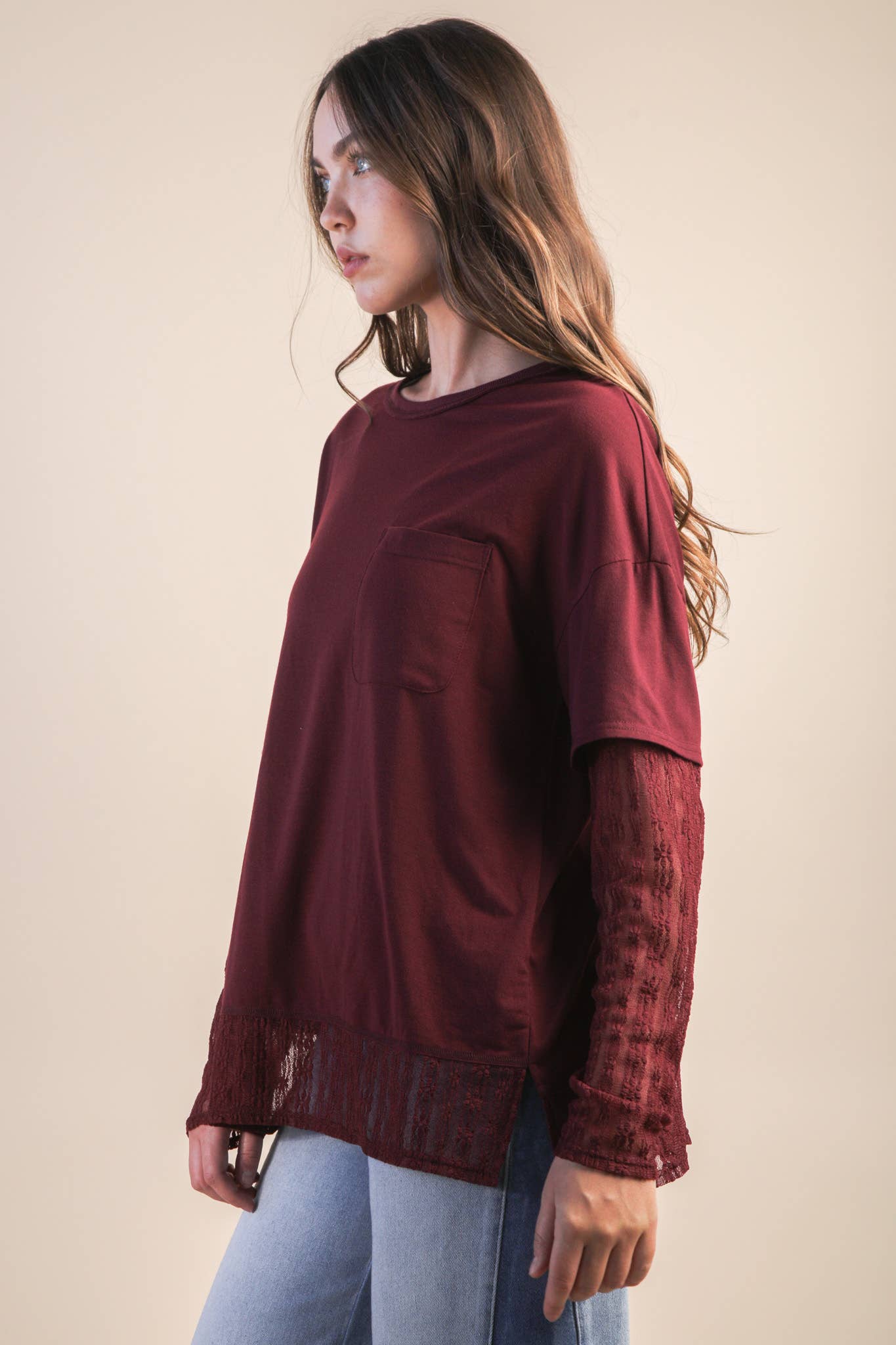 NT12351-Oversized Casual Knit Top W/ Lace: MOCHA / S-M-L/2-2-2