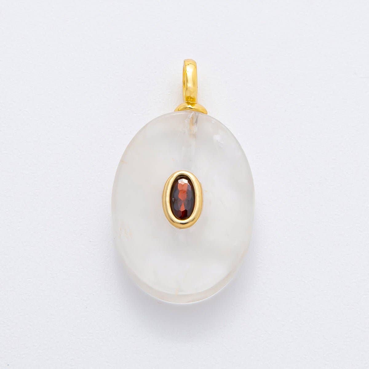 18K Gold Filled CZ Embedded Natural Gemstone Oval Charm | N720 - N741: White Quartz