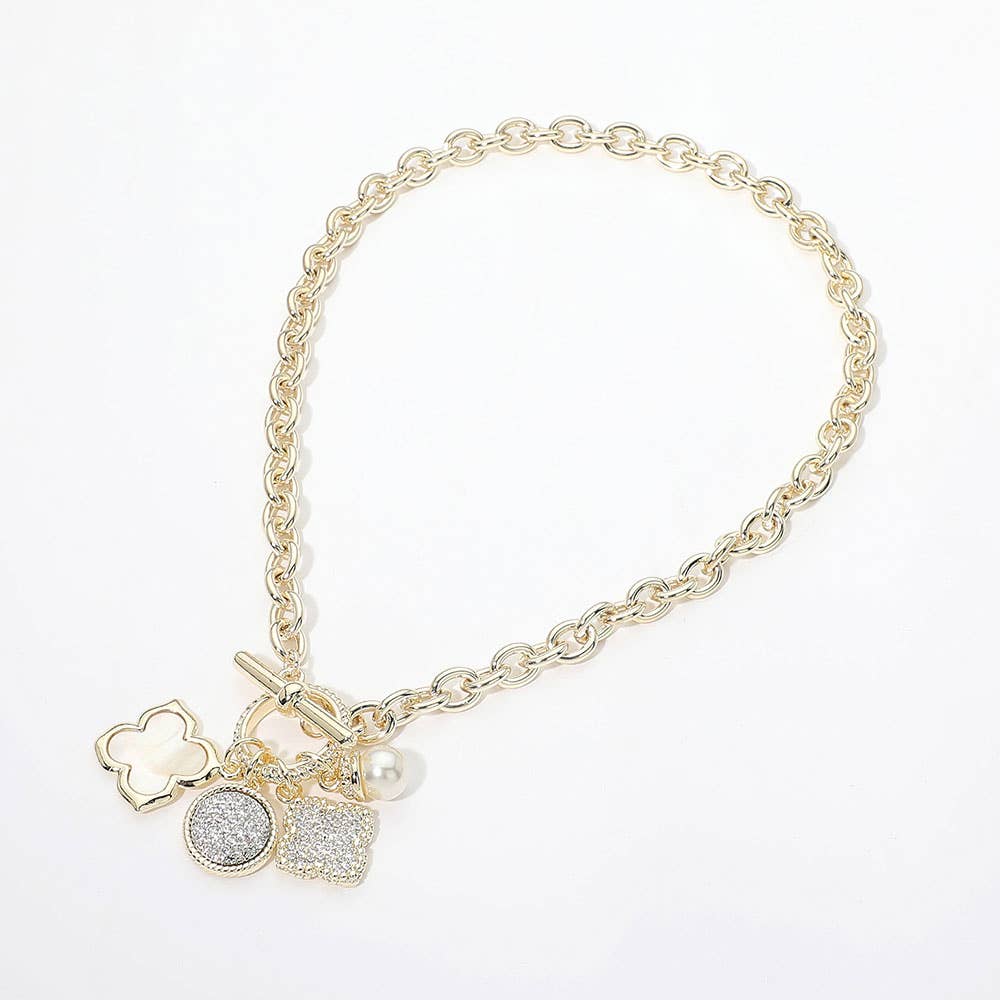 14K Gold Plated CZ Pave Quatrefoil Pearl Floral Charm Pendant Toggle Necklace