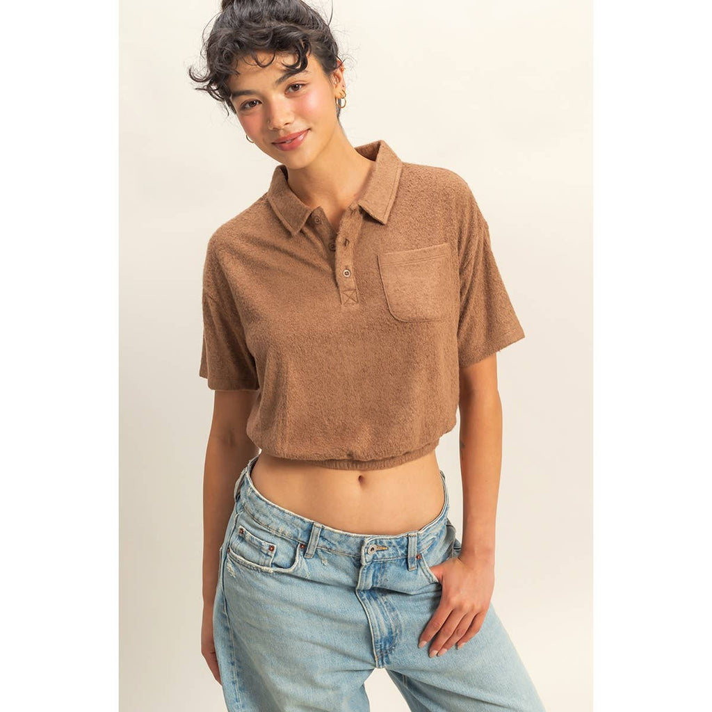 Collared Short Sleeve Crop Top: FRENCH VANILLA / S-M-L(2-2-2)