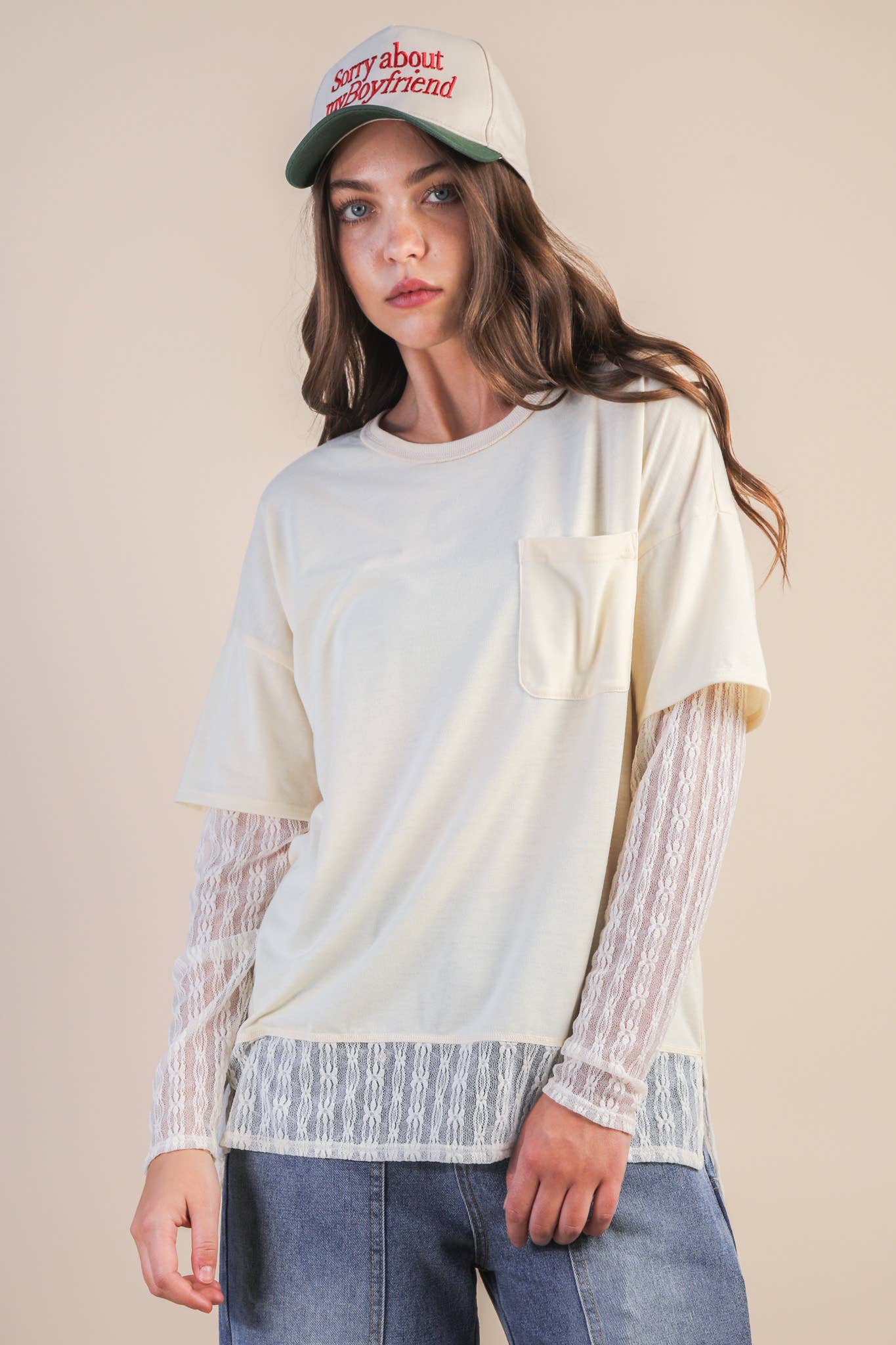 NT12351-Oversized Casual Knit Top W/ Lace: MOCHA / S-M-L/2-2-2