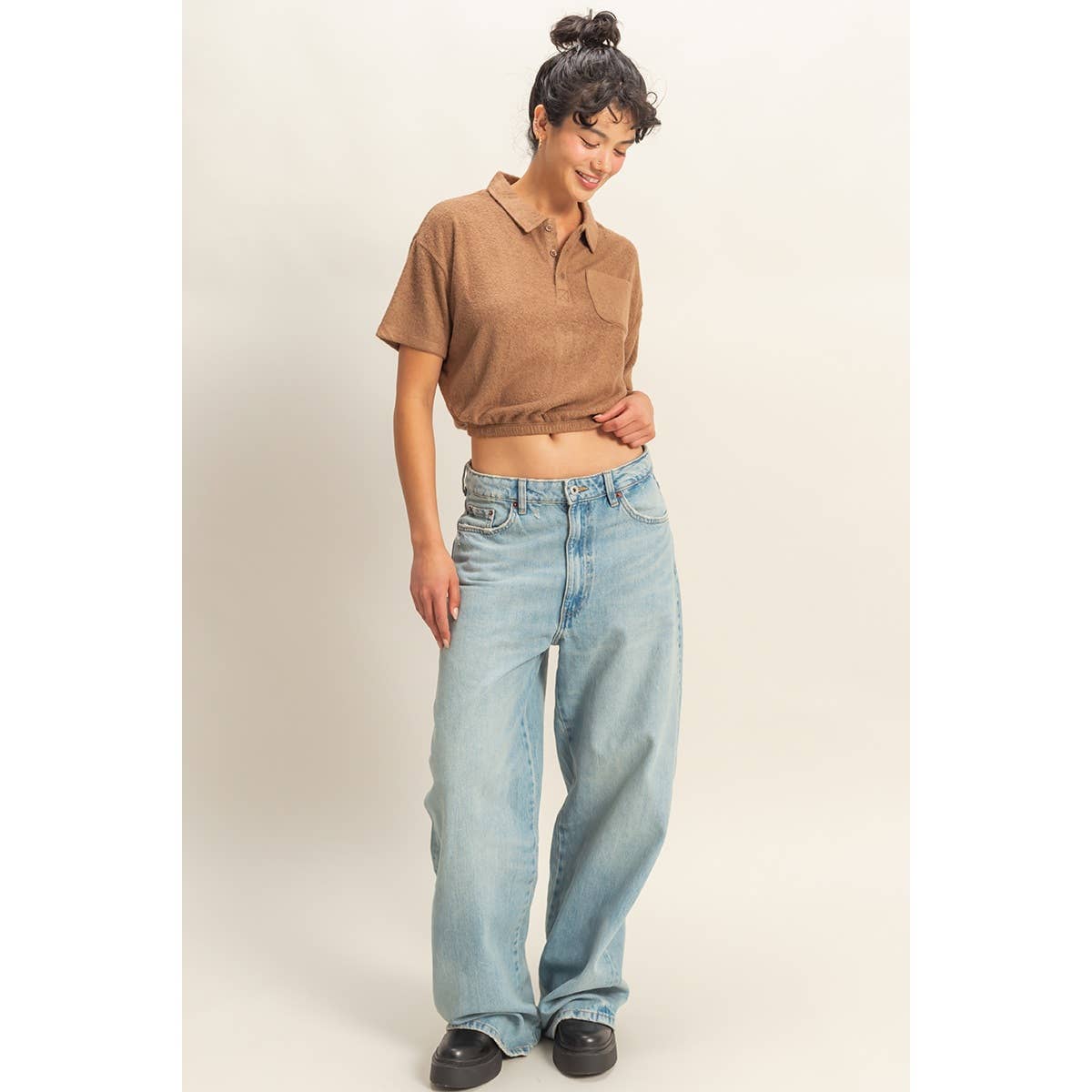 Collared Short Sleeve Crop Top: FRENCH VANILLA / S-M-L(2-2-2)