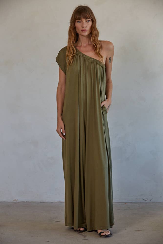 One Shoulder Short Sleeve Wide Leg Jumpsuit: Olive