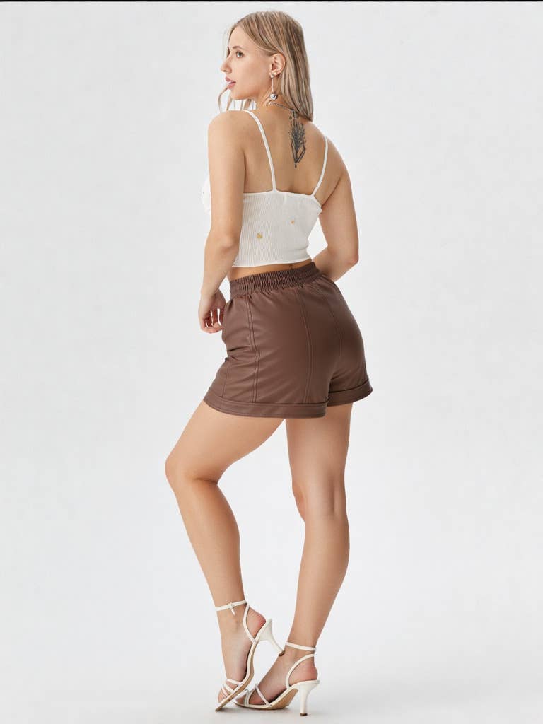 NP70281-Faux Leather Casual Shorts: CHOCOLATE / S-M-L/2-2-2