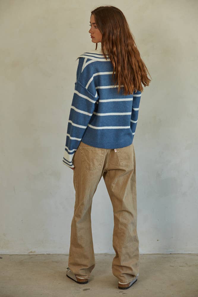 Knit Sweater Striped Collar V-Neck Long Sleeve Top: Blue Ivory