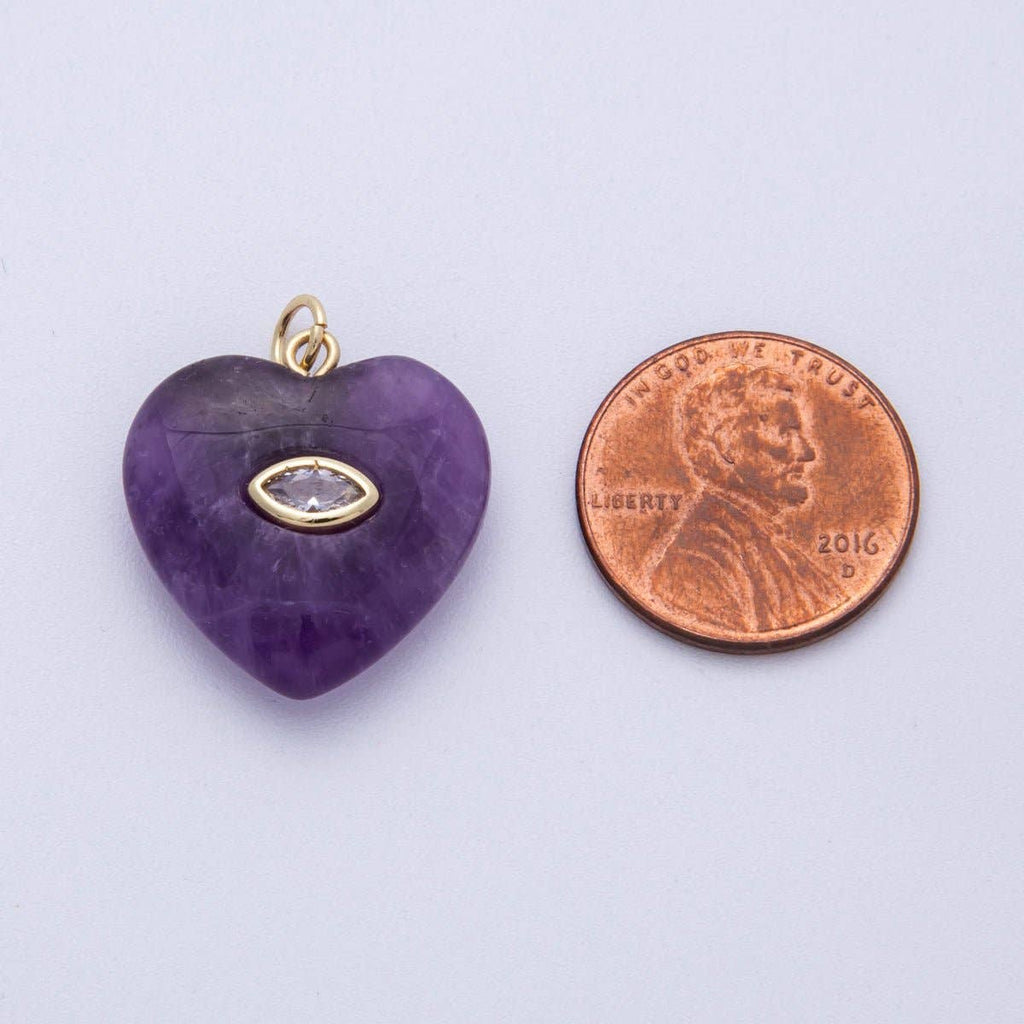 18K Gold Filled 21.5mm Marquise Embedded Rose Quartz, Amethyst, Onyx, Amazonite, Lapis Lazuli, Tiger Eye Heart Charm | AK218 - AK220: Rose Quartz