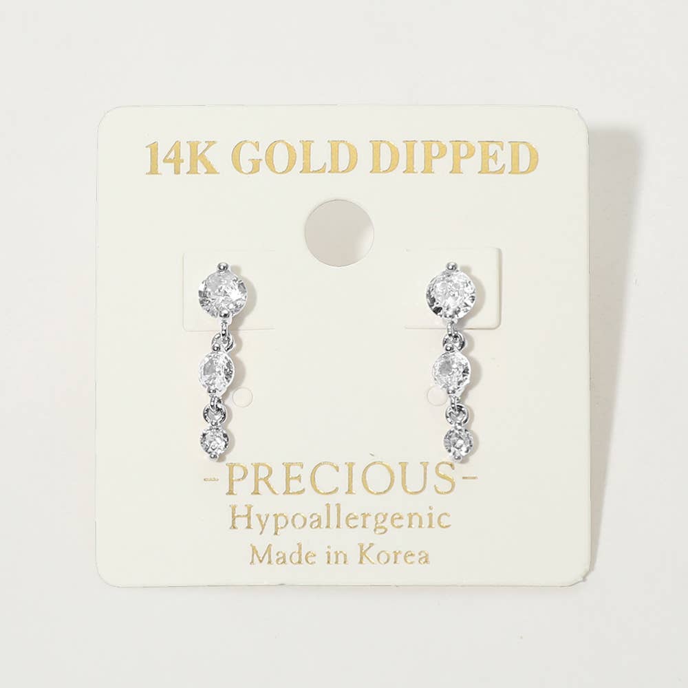 14K Gold Dipped Hypoallergenic Graduated Stone Link Drop Earrings: Rhodium