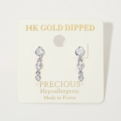 14K Gold Dipped Hypoallergenic Graduated Stone Link Drop Earrings: Rhodium