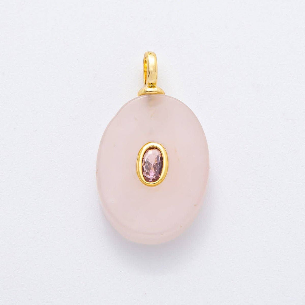 18K Gold Filled CZ Embedded Natural Gemstone Oval Charm | N720 - N741: White Quartz