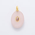 18K Gold Filled CZ Embedded Natural Gemstone Oval Charm | N720 - N741: Rose Quartz