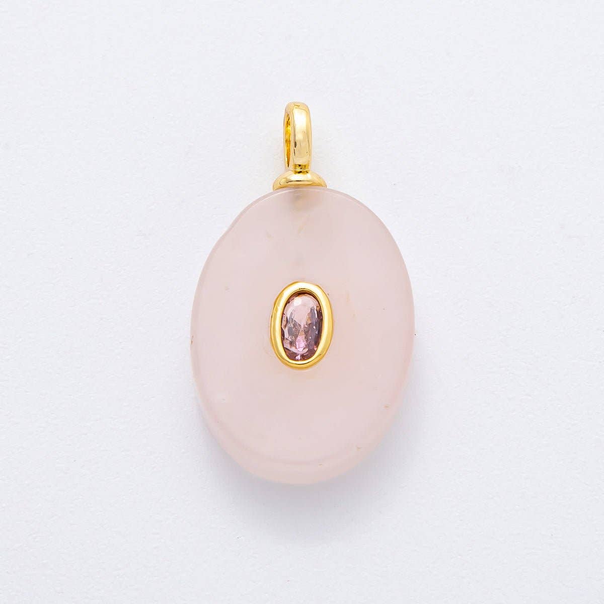 18K Gold Filled CZ Embedded Natural Gemstone Oval Charm | N720 - N741: Rose Quartz