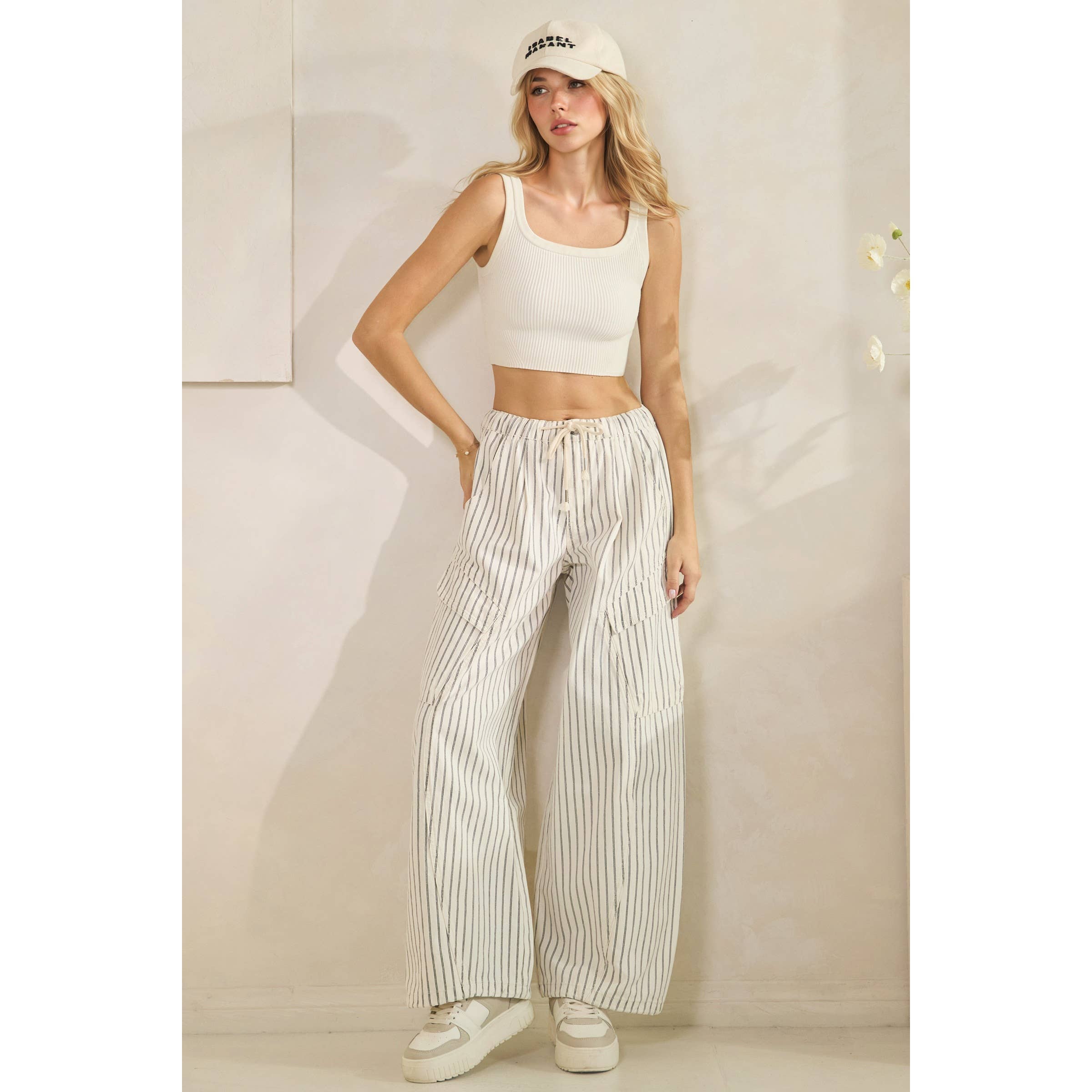Easy Cargo Striped Pants: White / M