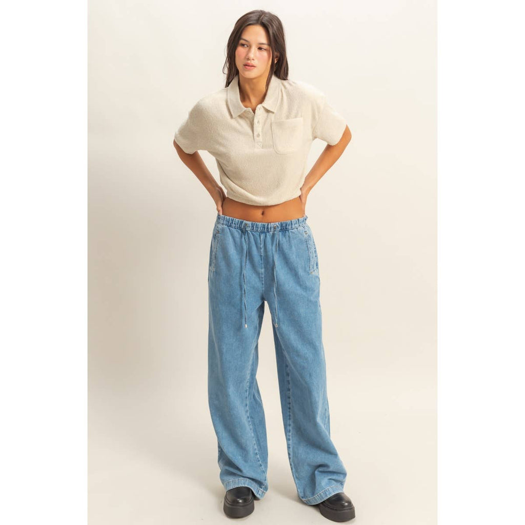 Collared Short Sleeve Crop Top: FRENCH VANILLA / S-M-L(2-2-2)