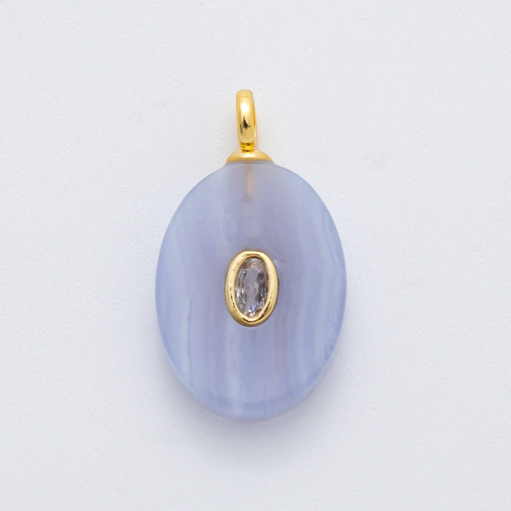 18K Gold Filled CZ Embedded Natural Gemstone Oval Charm | N720 - N741: Rose Quartz