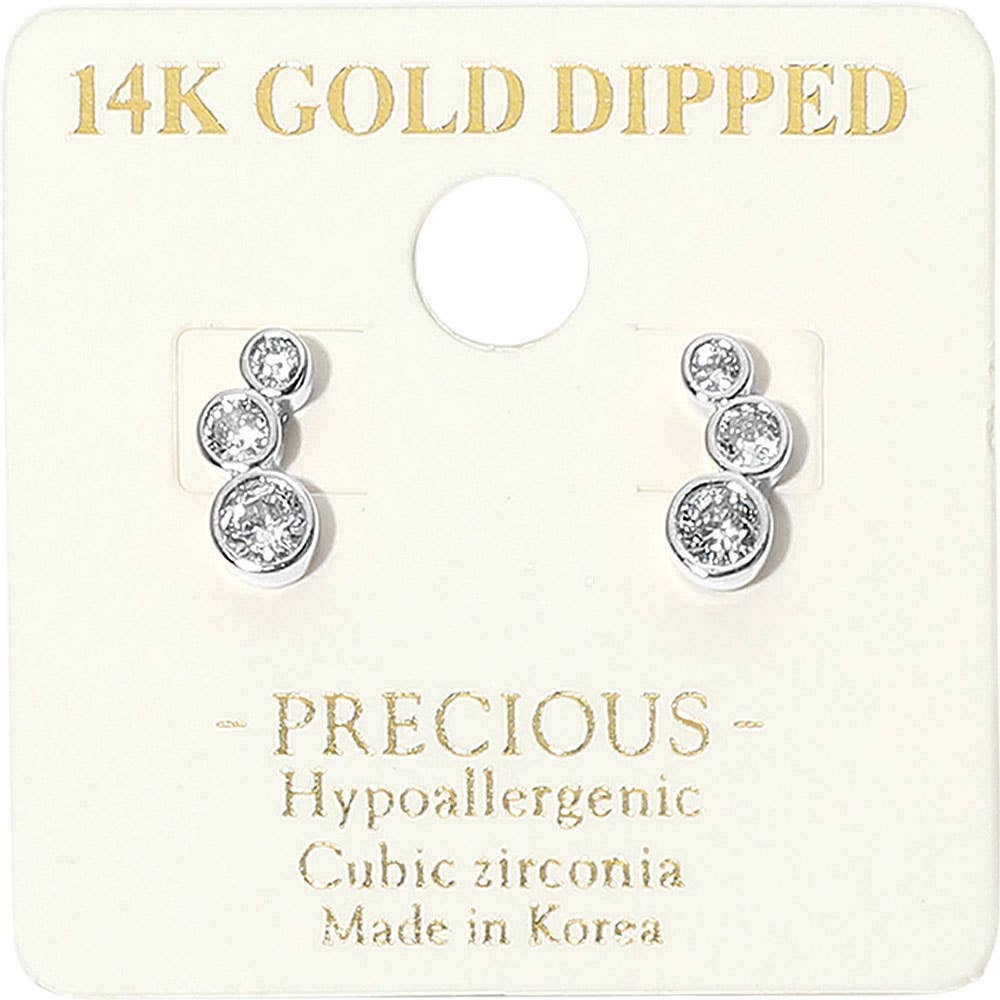 14K Gold Dipped Hypoallergenic Graduated Triple CZ Stone Bezel Link Stud Earrings: Rhodium