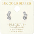 14K Gold Dipped Hypoallergenic Graduated Triple CZ Stone Bezel Link Stud Earrings: Rhodium