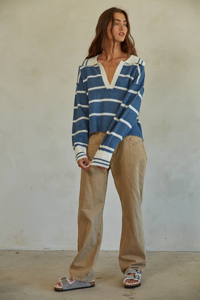 Knit Sweater Striped Collar V-Neck Long Sleeve Top: Blue Ivory