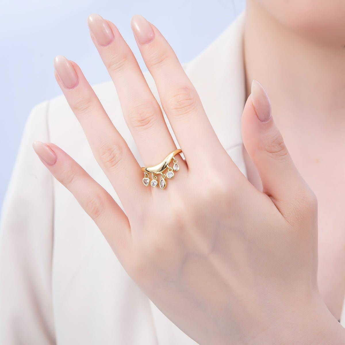 16K Gold Filled Clear CZ Drop Geometric Curved Ring | Rings-00075