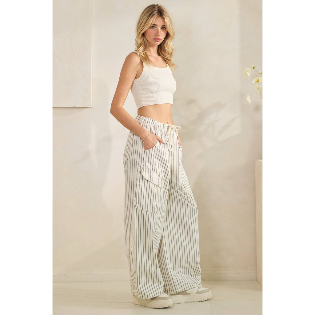 Easy Cargo Striped Pants: White / S