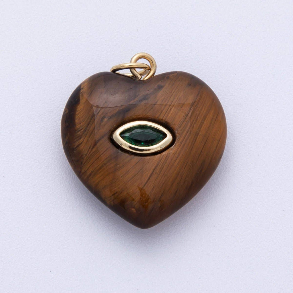 18K Gold Filled 21.5mm Marquise Embedded Rose Quartz, Amethyst, Onyx, Amazonite, Lapis Lazuli, Tiger Eye Heart Charm | AK218 - AK220: Rose Quartz