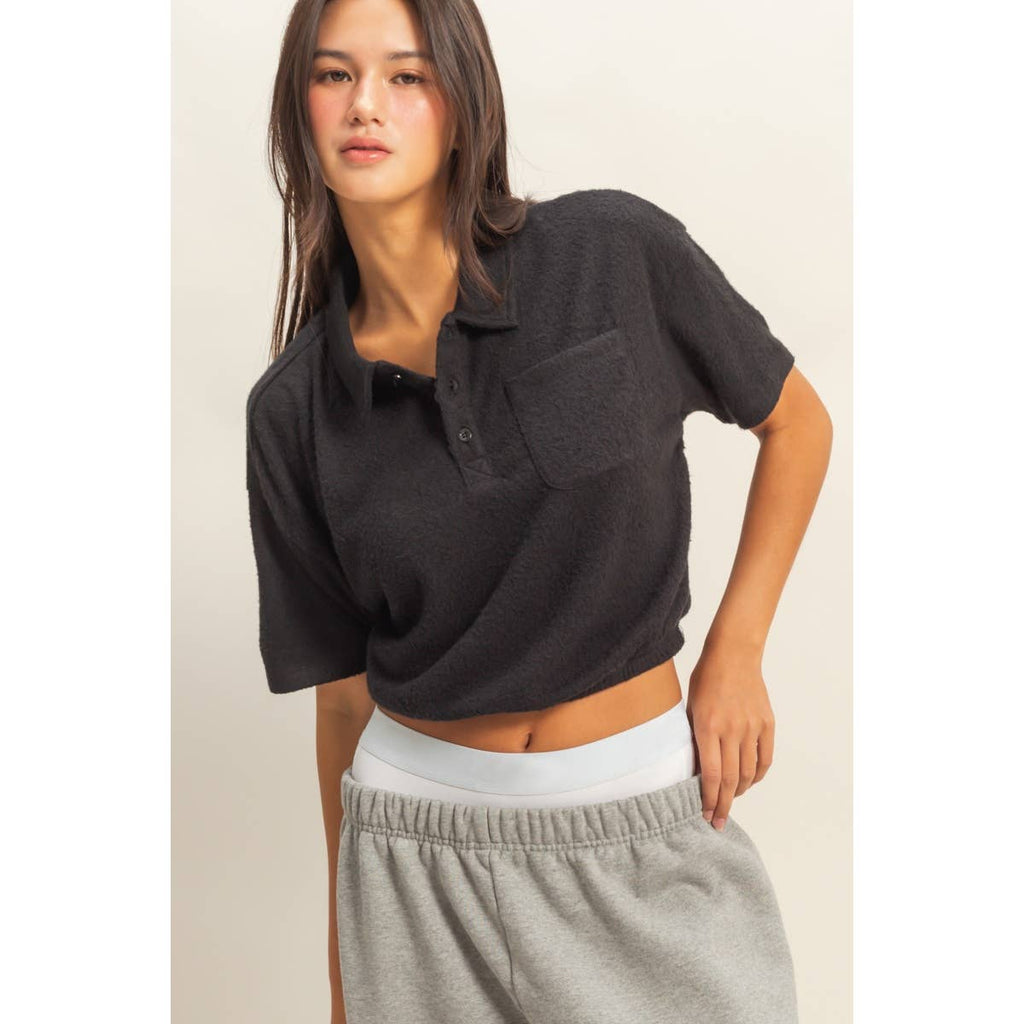 Collared Short Sleeve Crop Top: FRENCH VANILLA / S-M-L(2-2-2)