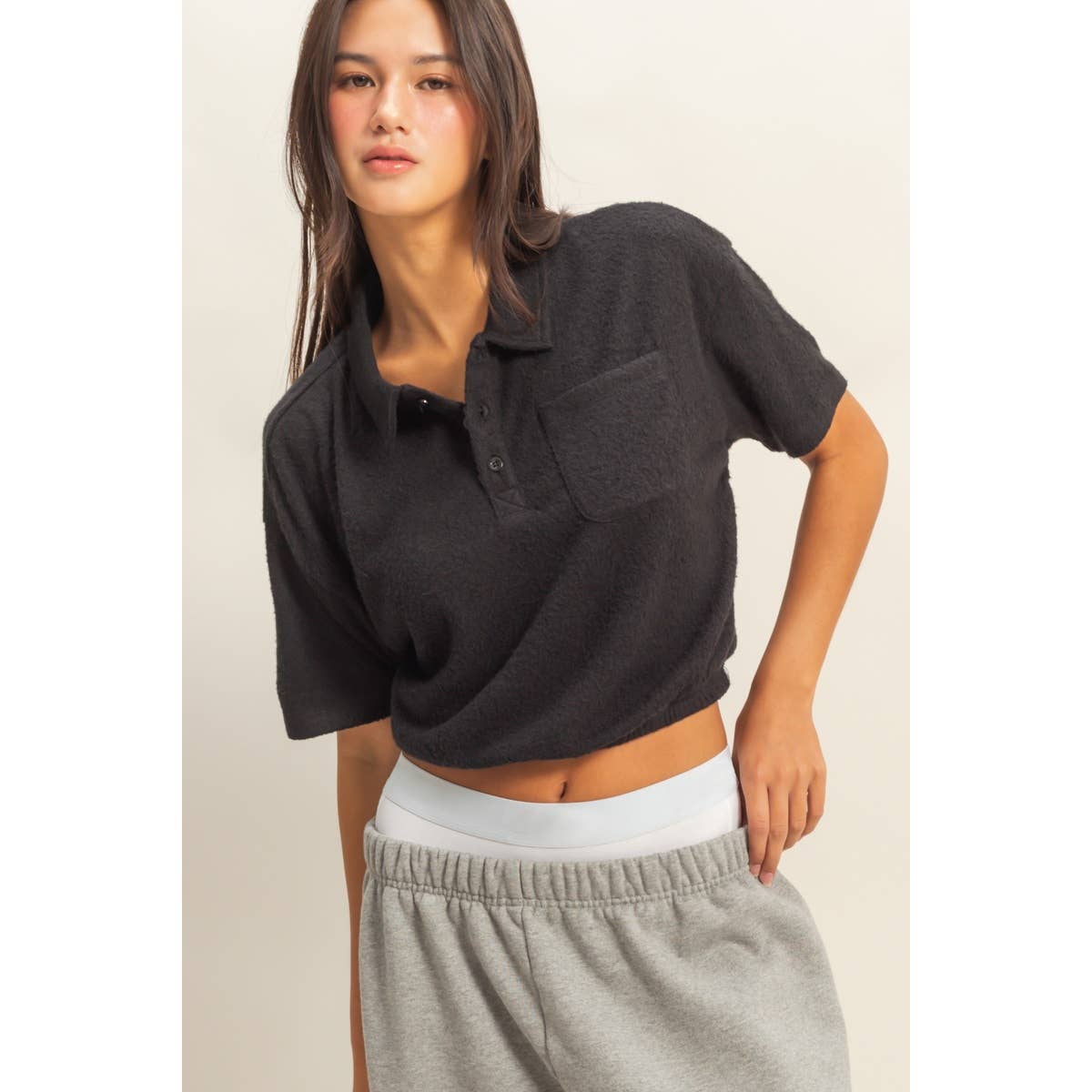 Collared Short Sleeve Crop Top: FRENCH VANILLA / S-M-L(2-2-2)