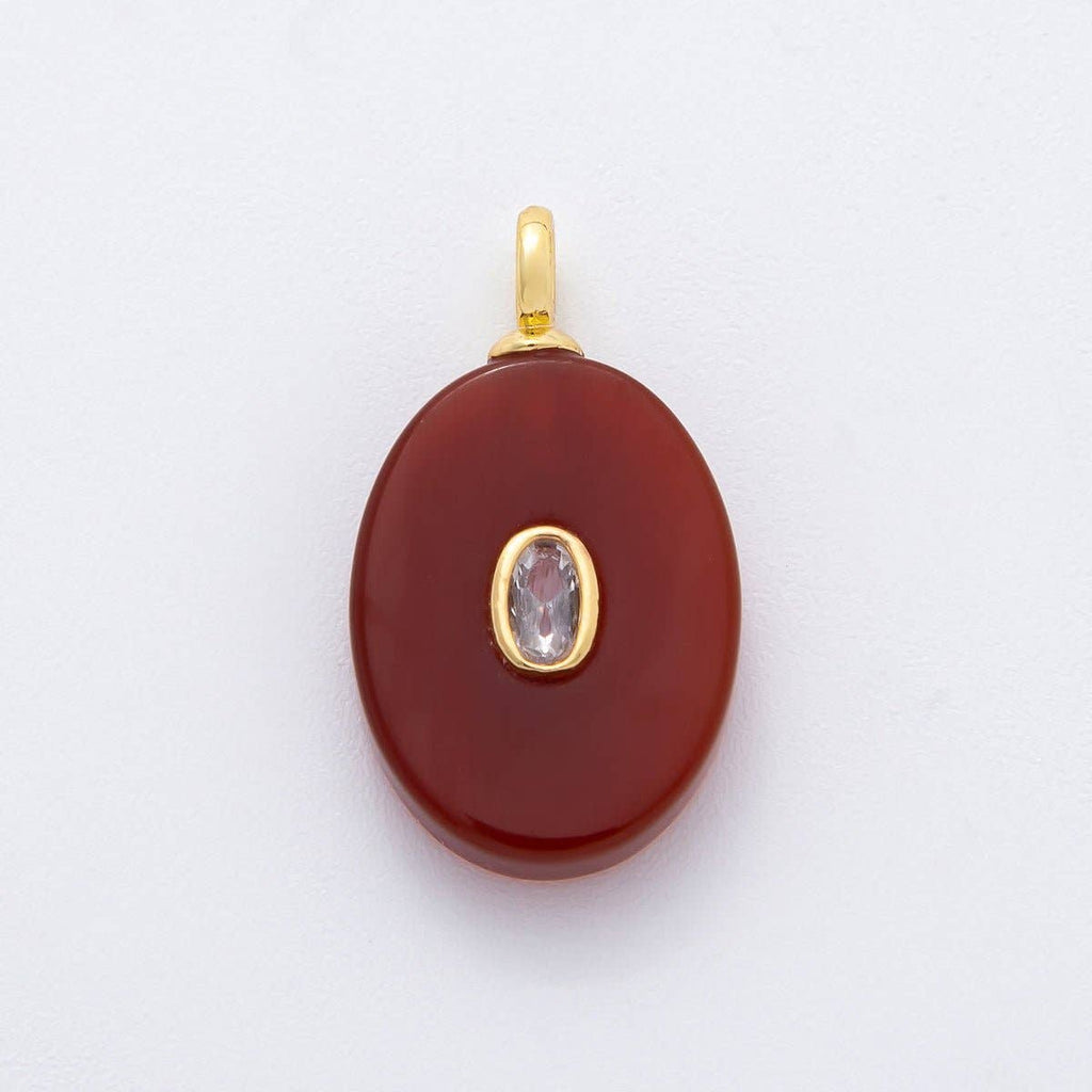 18K Gold Filled CZ Embedded Natural Gemstone Oval Charm | N720 - N741: White Quartz
