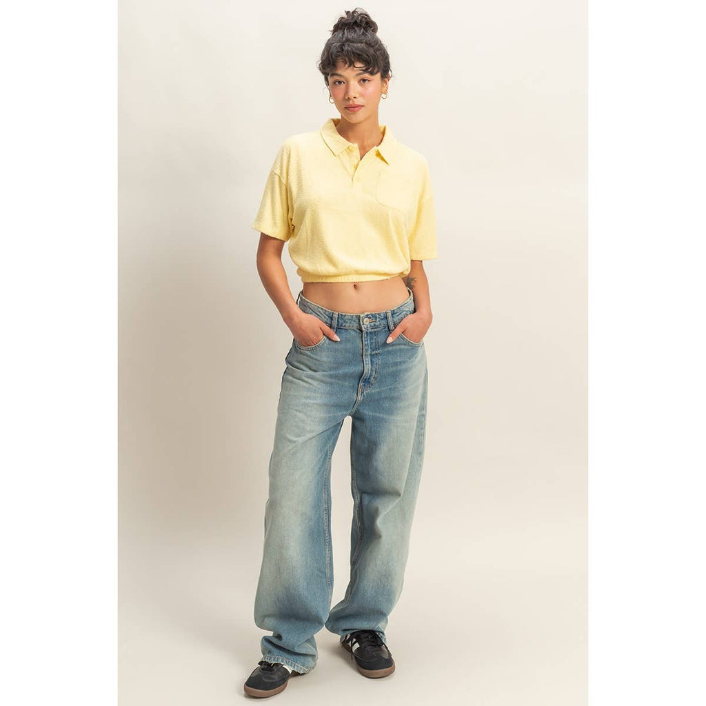 Collared Short Sleeve Crop Top: FRENCH VANILLA / S-M-L(2-2-2)