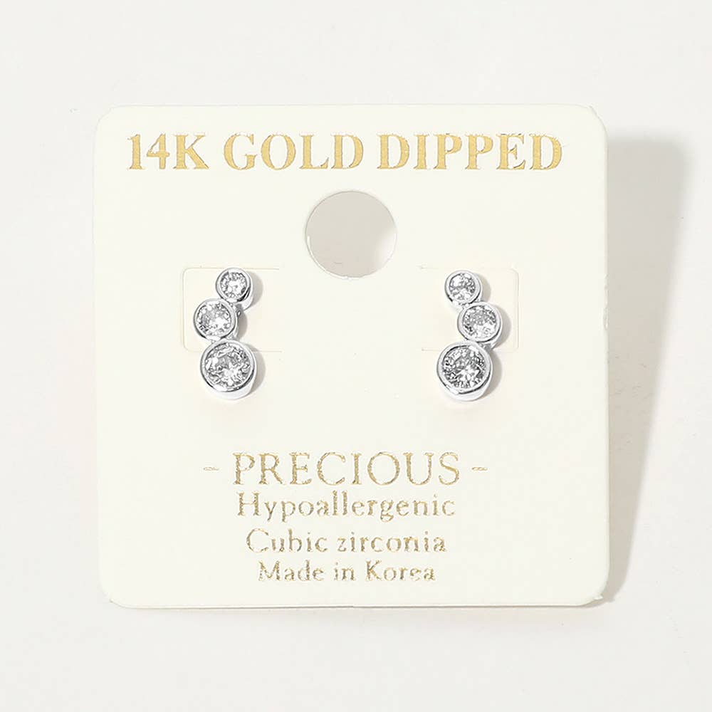 14K Gold Dipped Hypoallergenic Graduated Triple CZ Stone Bezel Link Stud Earrings: Rhodium
