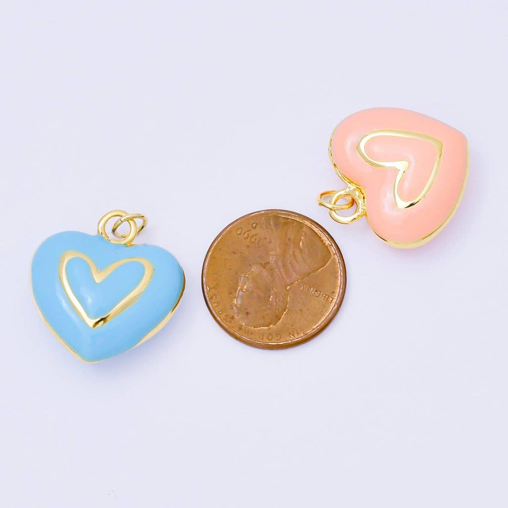 24K Gold Filled 21mm Blue, Pink, Green, White, Yellow Pastel Enamel Lined Heart Charm | AC1621 - AC1623: Green