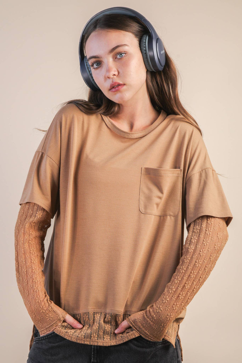 NT12351-Oversized Casual Knit Top W/ Lace: MOCHA / S-M-L/2-2-2