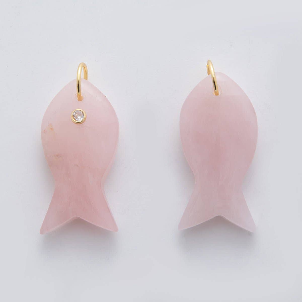 18K Gold Filled 38.8mm Clear CZ Natural Gemstone Fish Charm | D265 - D533: Rose Quartz