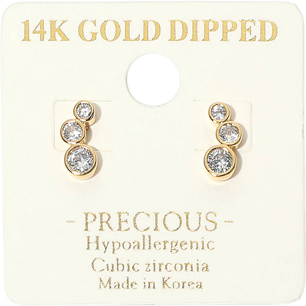 14K Gold Dipped Hypoallergenic Graduated Triple CZ Stone Bezel Link Stud Earrings: Rhodium