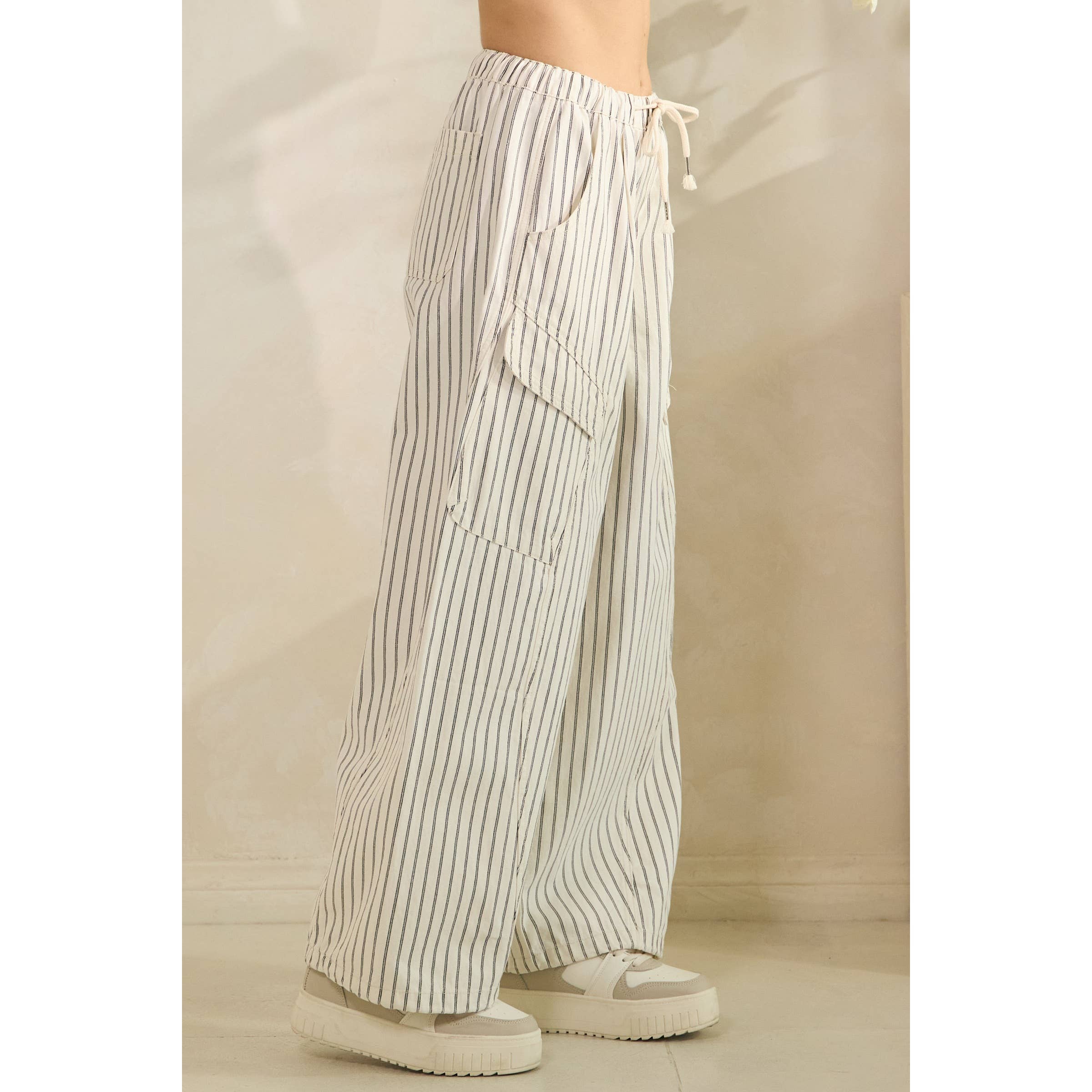 Easy Cargo Striped Pants: White / S