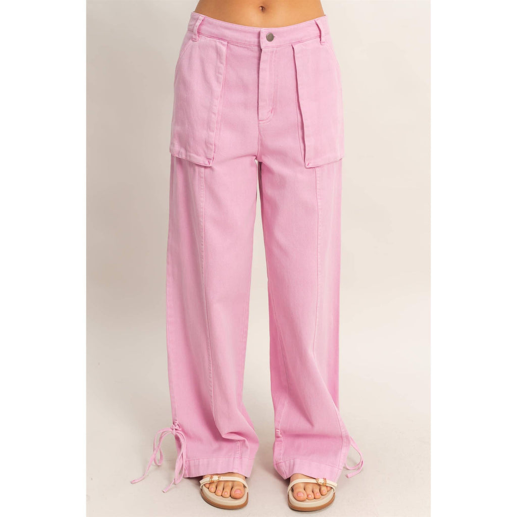 High Rise Cargo Pants With Ankle Ties: PINK / S-M-L(2-2-2)