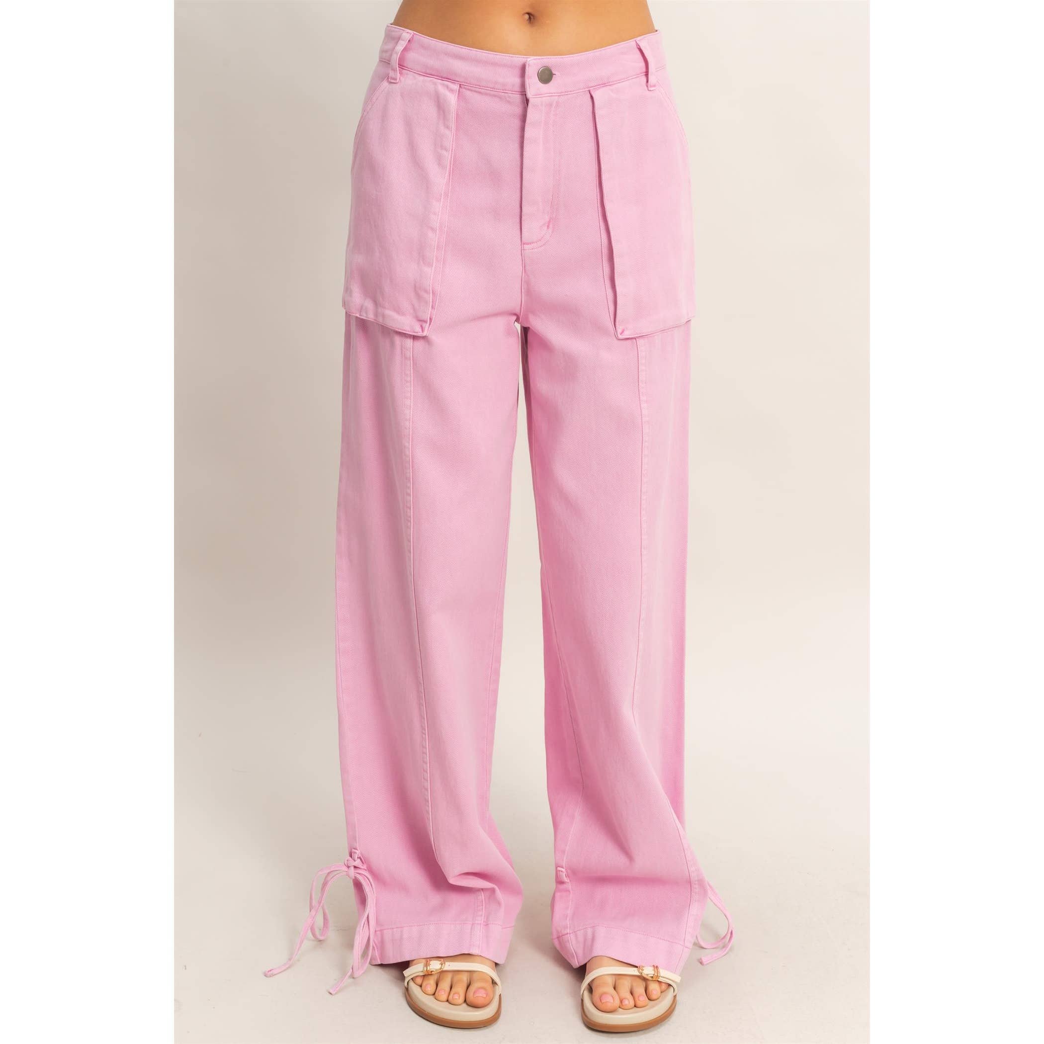 High Rise Cargo Pants With Ankle Ties: PINK / S-M-L(2-2-2)