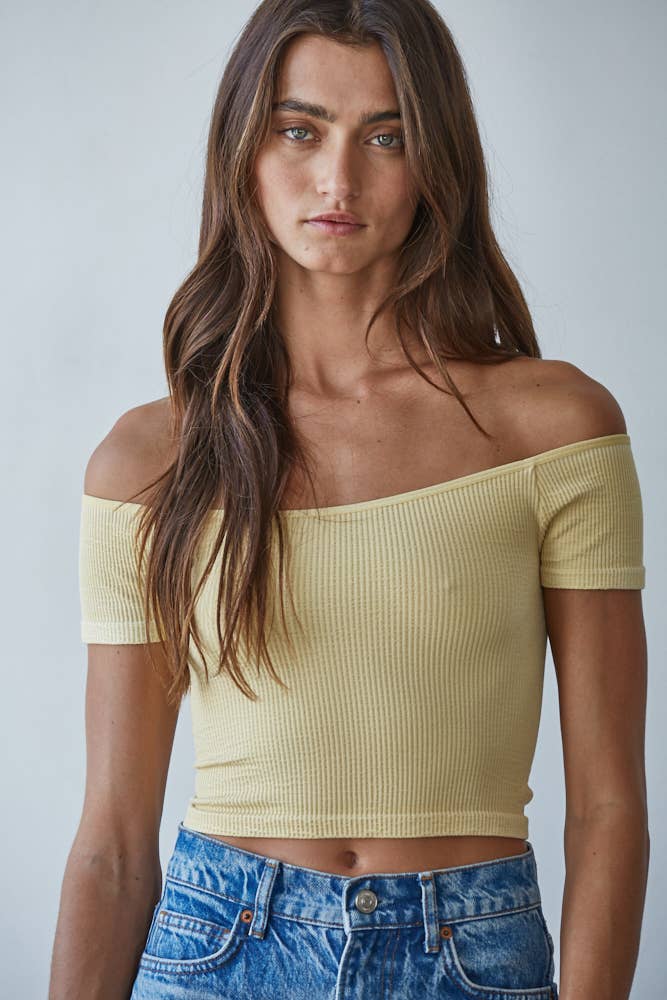 Knit Seamless Ribbed Off Shoulder Crop Top: Butter Yellow