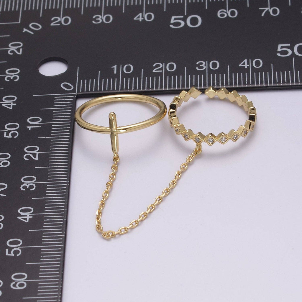 Double Gold Adjustable Ring with chain & CZ  U191