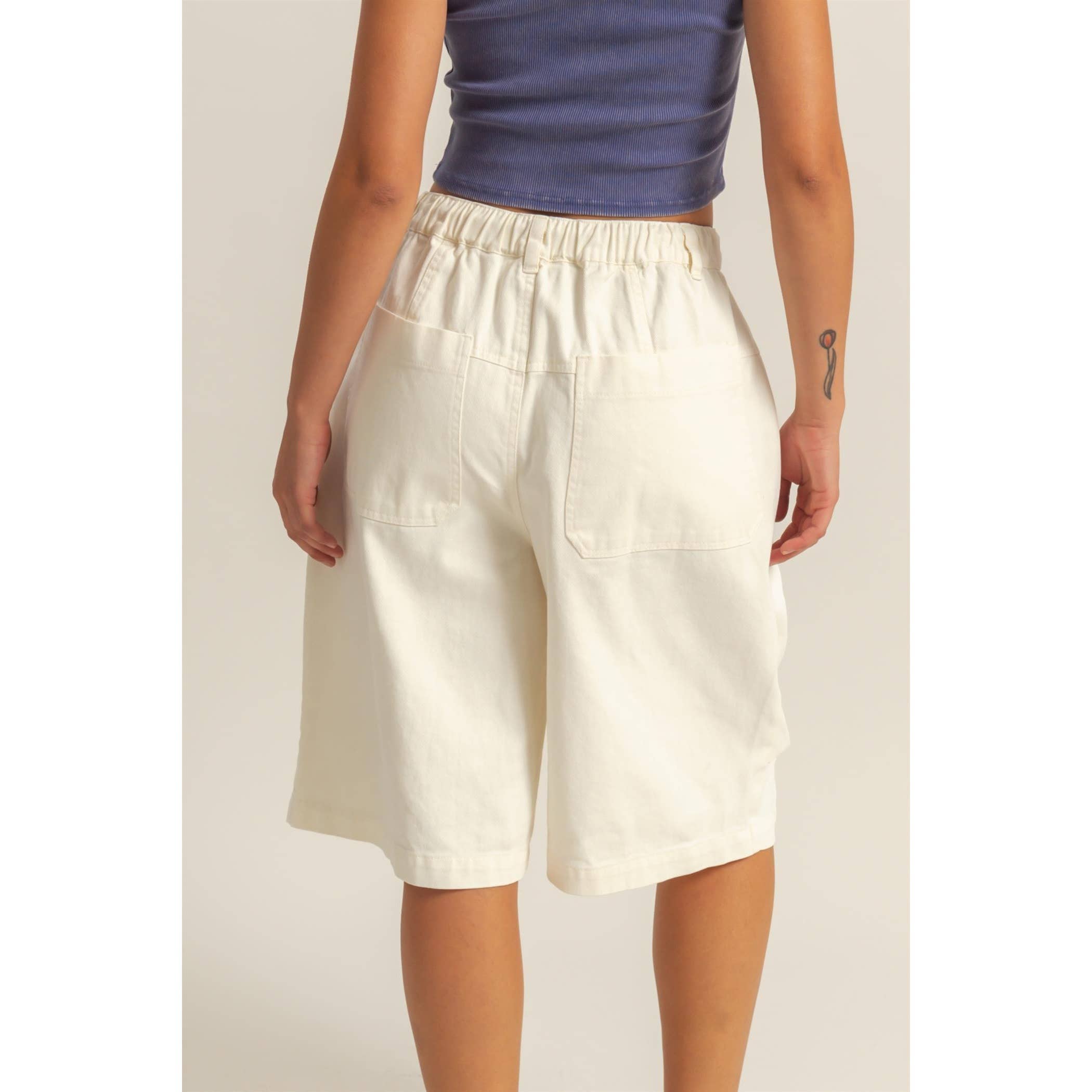 Drawstring Waist Wide Leg Jorts: CREAM / S-M-L(2-2-2)