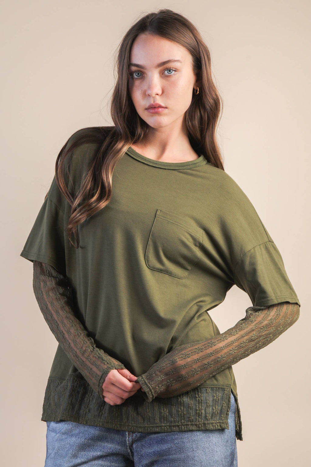 NT12351-Oversized Casual Knit Top W/ Lace: MOCHA / S-M-L/2-2-2