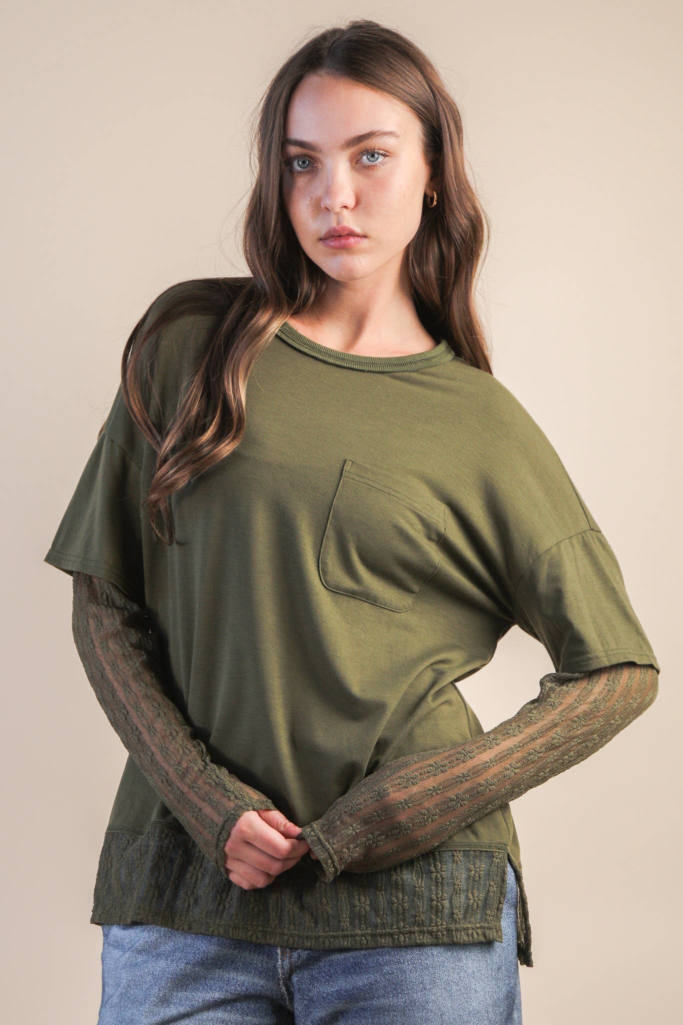 NT12351-Oversized Casual Knit Top W/ Lace: MOCHA / S-M-L/2-2-2