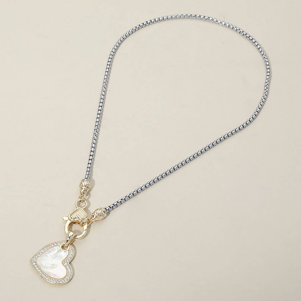 14K Gold Plated Two Tone CZ Stone Paved Mother of Pearl Heart Pendant Necklace