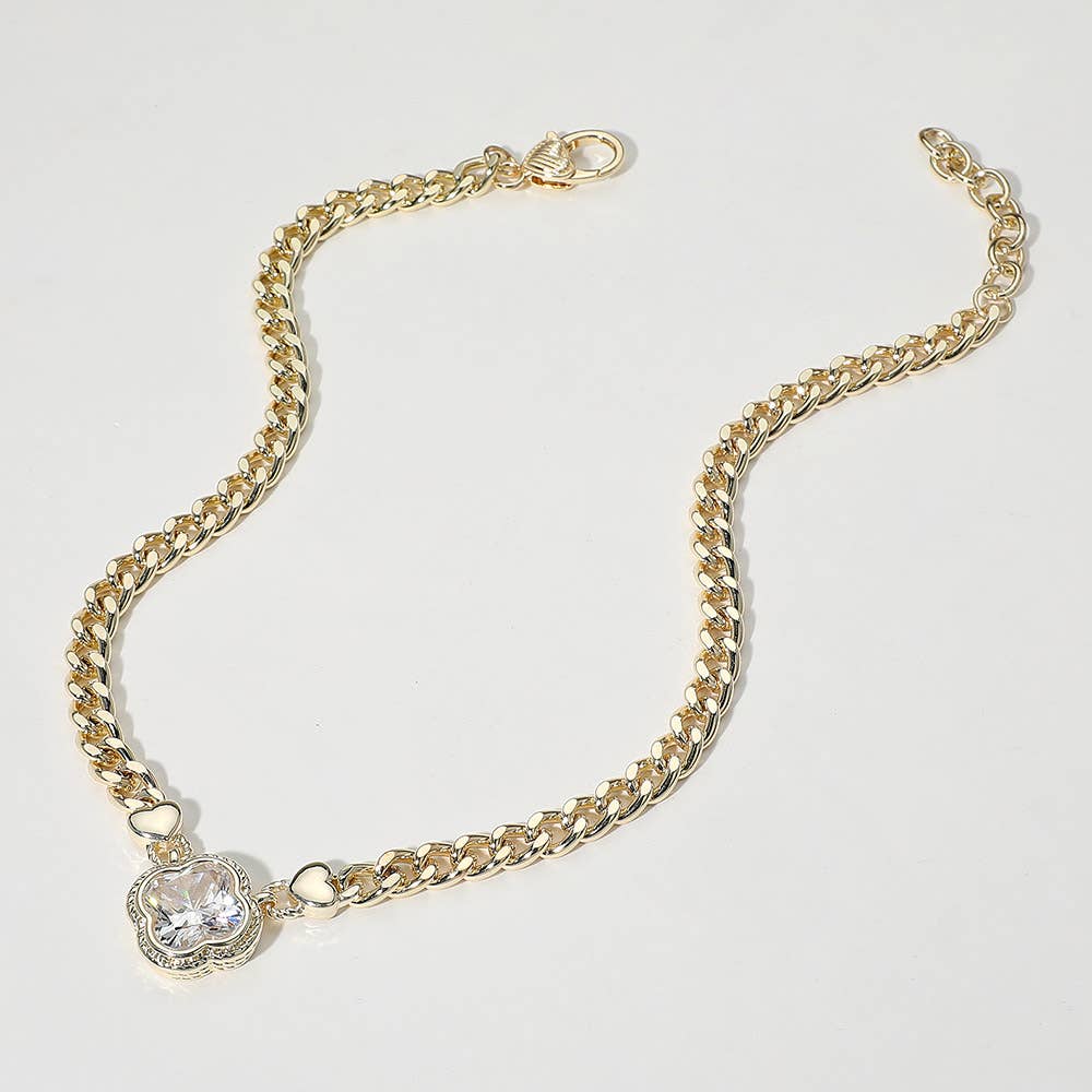 14K Gold Plated CZ Quatrefoil Pendant Pointed Chain Necklace: Blue
