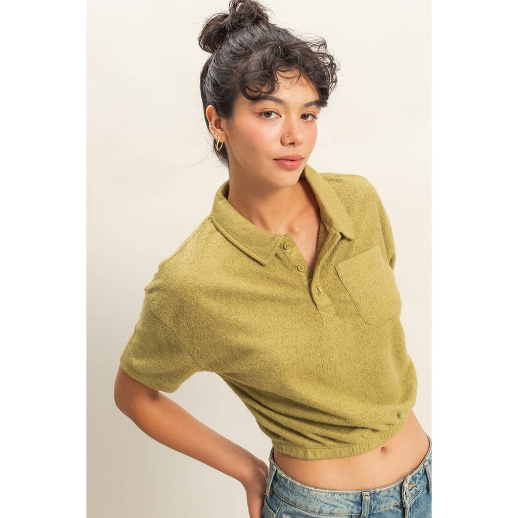 Collared Short Sleeve Crop Top: FRENCH VANILLA / S-M-L(2-2-2)