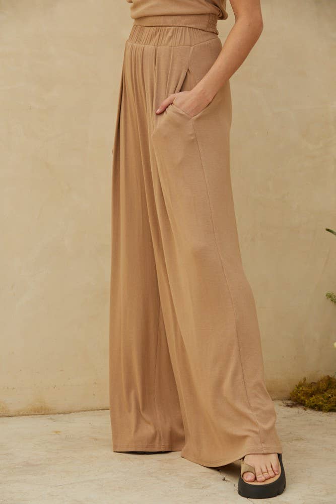 L6203 | Knit Rayon Span Ribbed Waist Banded Wide Leg Pants: Camel / Large