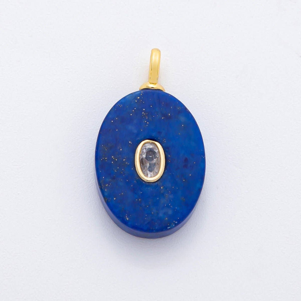 18K Gold Filled CZ Embedded Natural Gemstone Oval Charm | N720 - N741: White Quartz