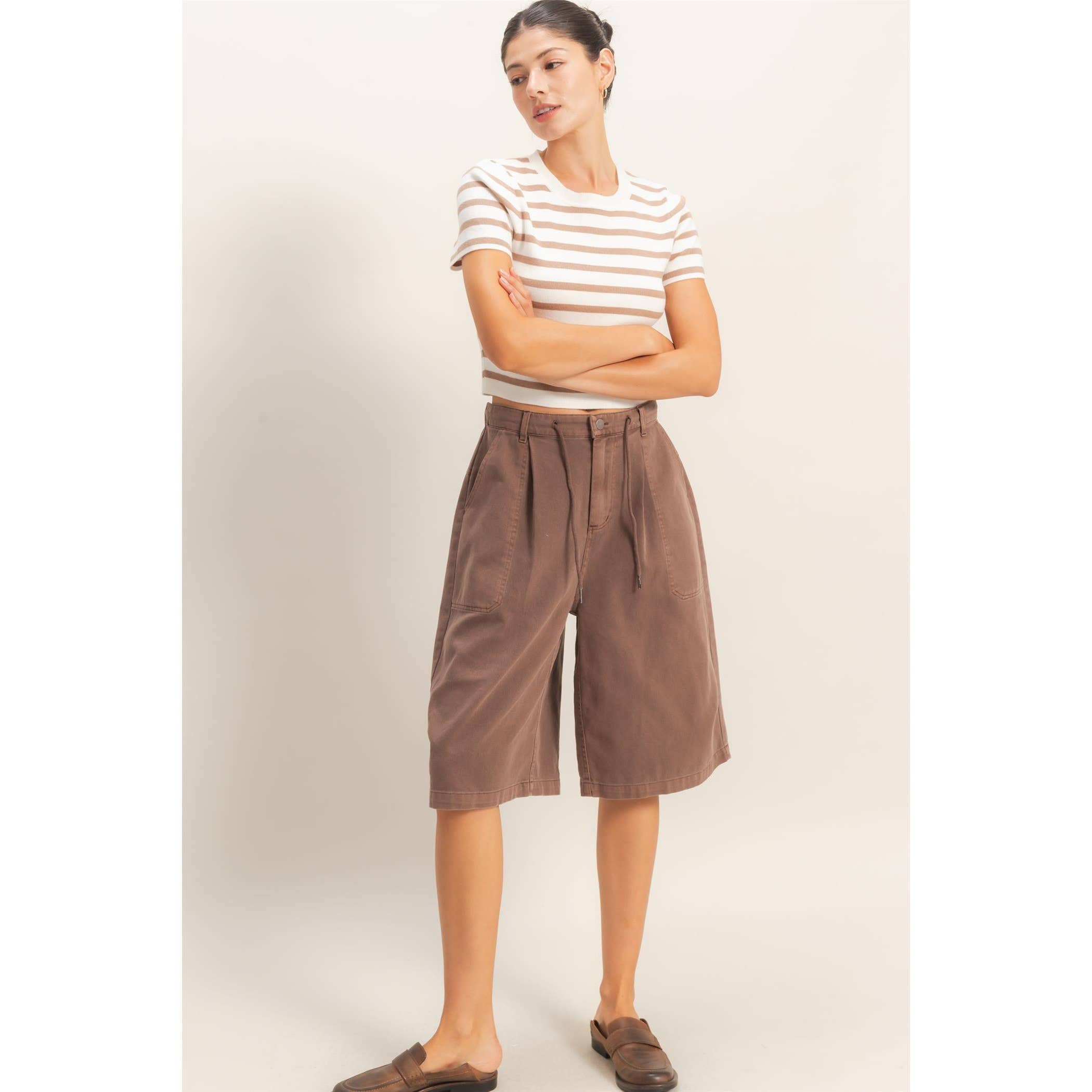 Drawstring Waist Wide Leg Jorts: CREAM / S-M-L(2-2-2)